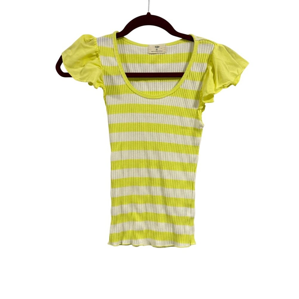 Anthropologie t.la Flutter-Sleeve Tee in Neon Yellow‎ and White Stripes Size XS